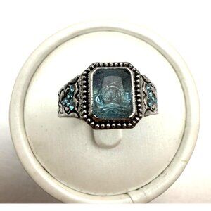 Blue Glass Stone Silver Tone Ring Vintage Style Size 8